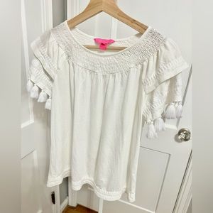 Lilly Pulitzer. White top, tassels, embroidered, cotton, size XS, NWOT